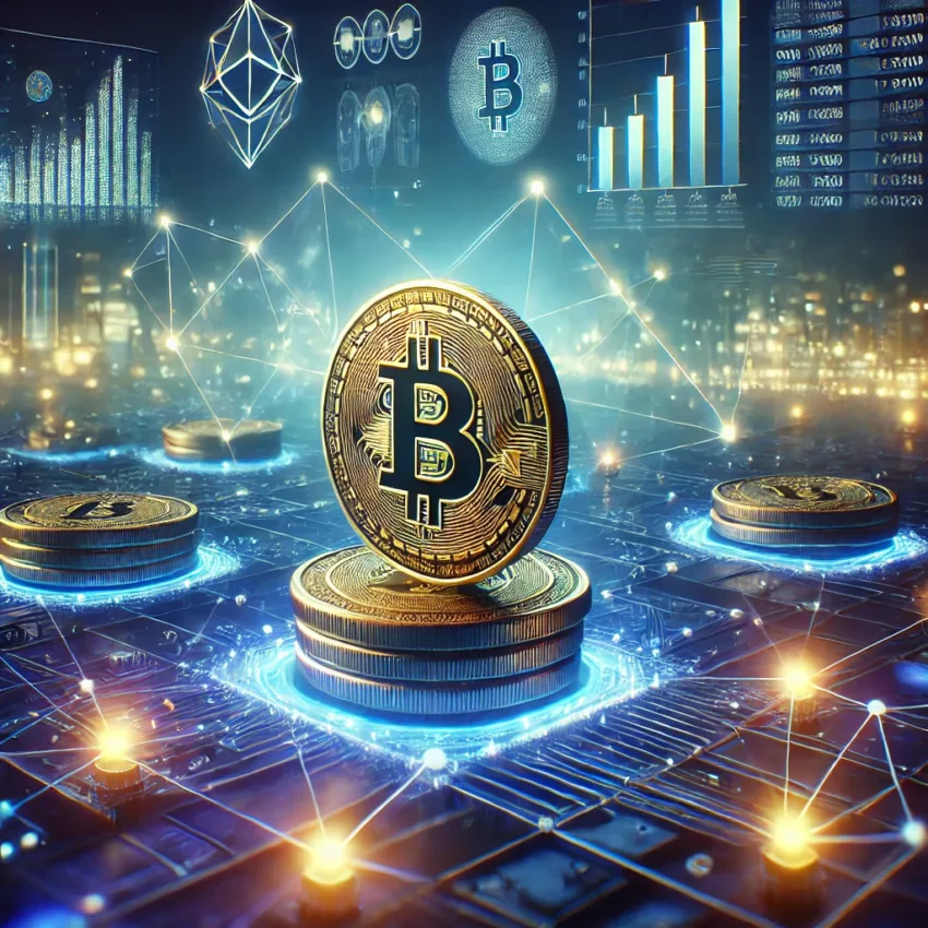 A futuristic blockchain landscape with interconnected nodes and a 3D-rendered coin symbolizing real-world assets.