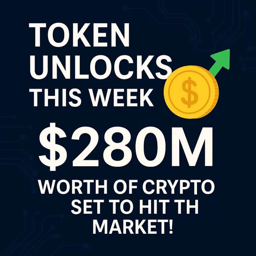 Digital artwork of upcoming crypto token unlocks with $280M highlight and Bitcoin symbol