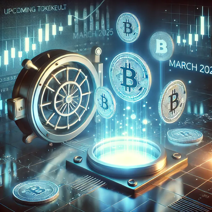 Futuristic vault unlocking cryptocurrency tokens with glowing market charts in the background.