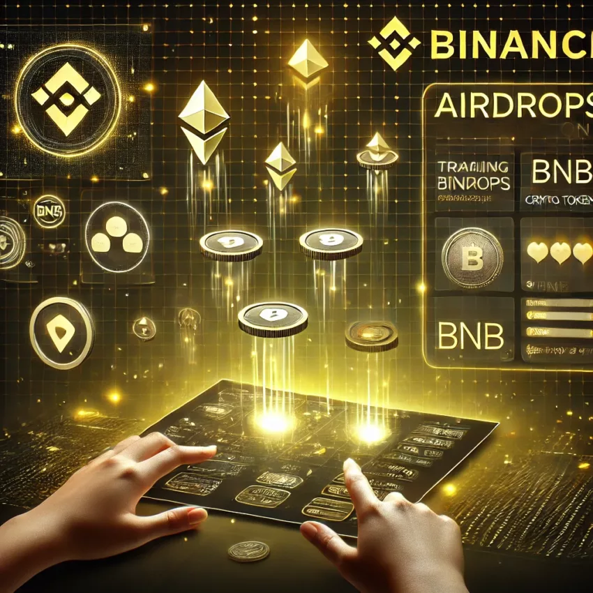User dashboard tracking Binance Airdrops with tokens and BNB icons falling from the sky in a futuristic Binance-themed interface