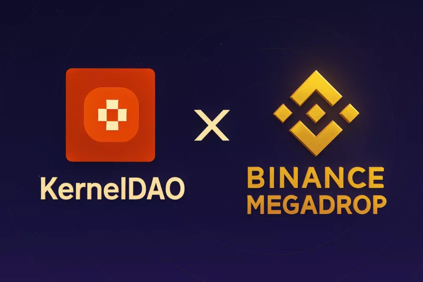 KernelDAO and Binance Megadrop logos facing each other with a bold X in the center over a starry purple background.