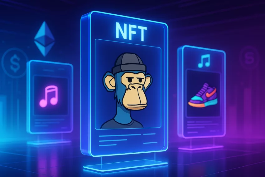 Digital gallery of NFT artworks representing blockchain-based ownership.