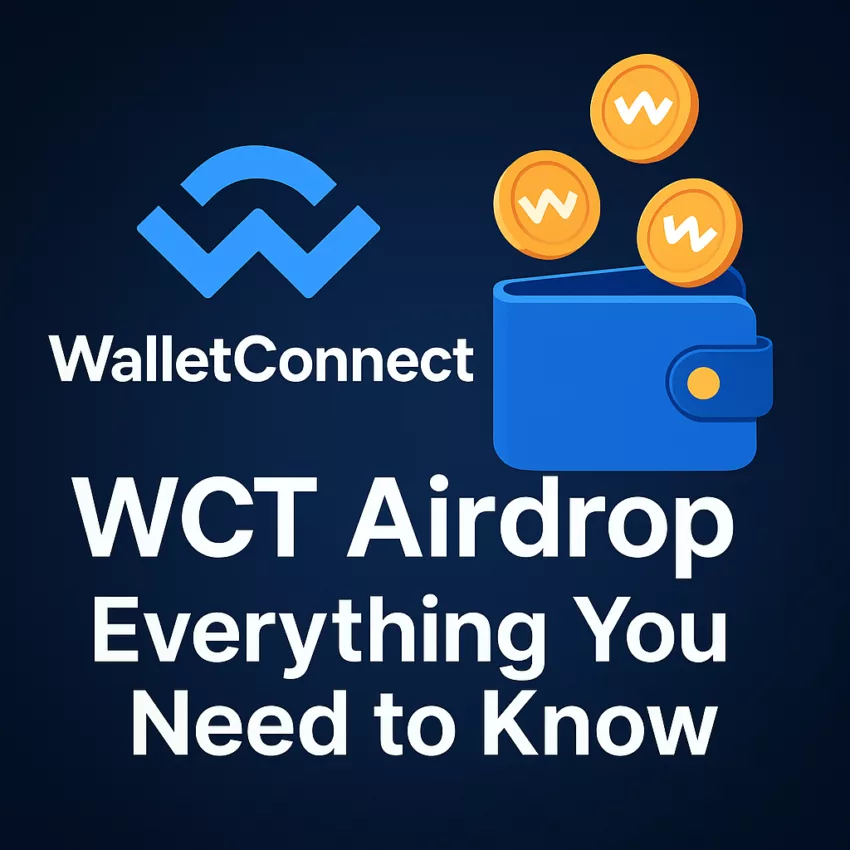 WalletConnect WCT Airdrop announcement graphic with wallet and coins