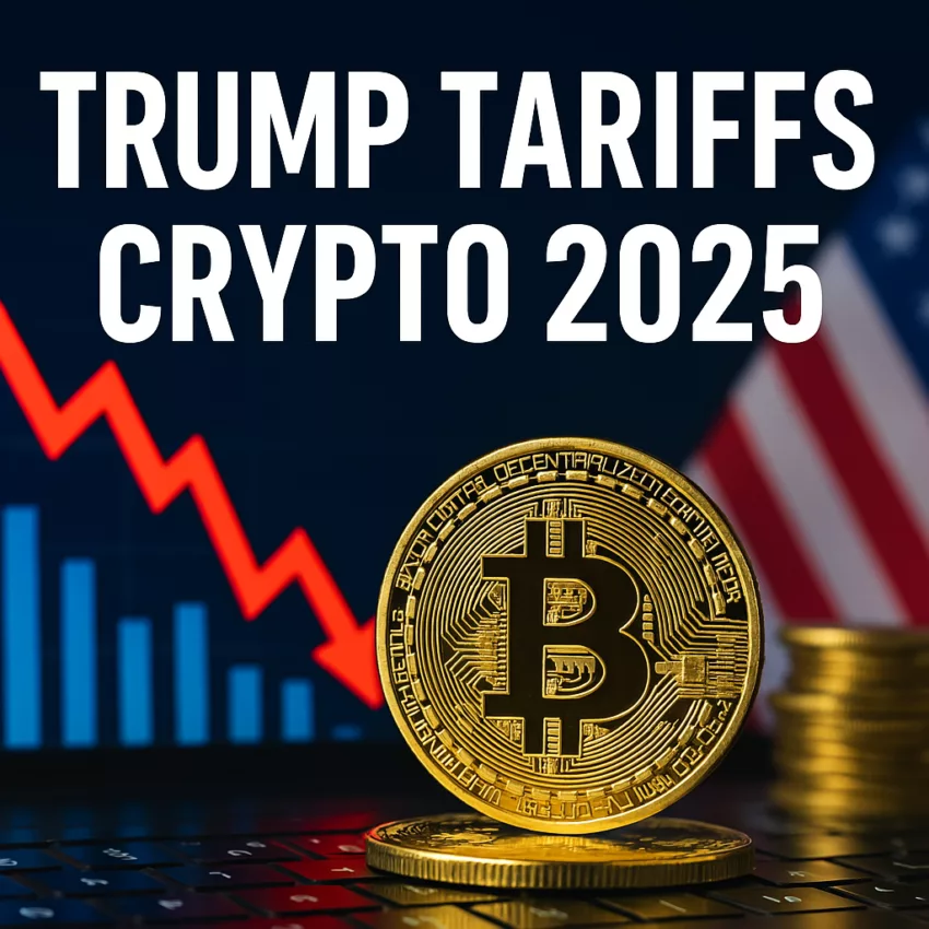 Illustration of Trump’s 2025 reciprocal tariffs impacting crypto, with Bitcoin, red arrow, and U.S. flag in the background