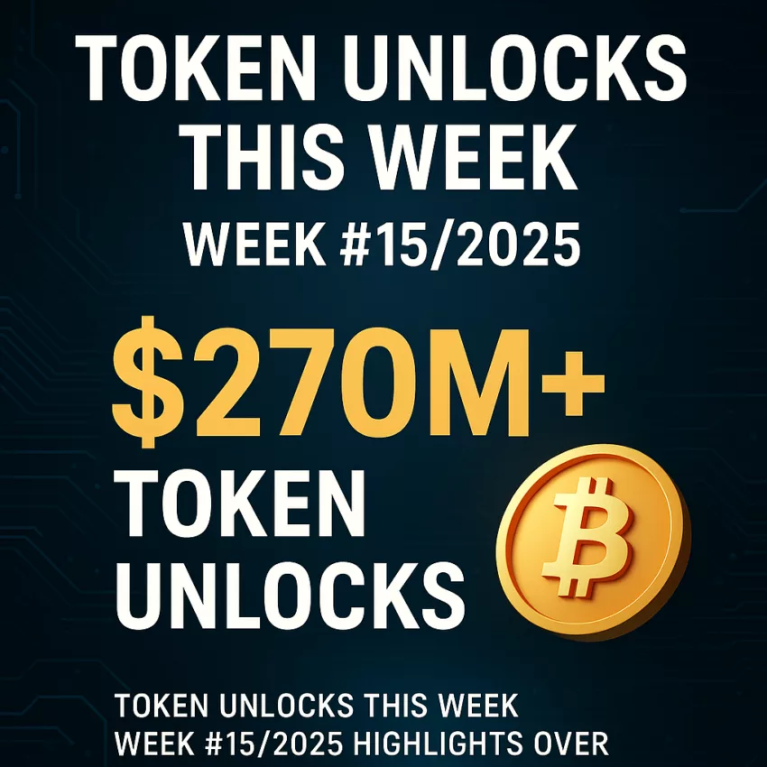 Digital crypto-themed image highlighting over $270M in token unlocks for Week 15 of 2025