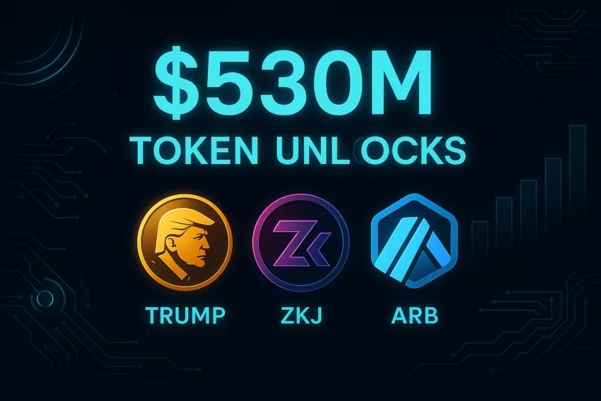 Digital artwork showing $530M in crypto token unlocks for week 16 of 2025, highlighting TRUMP, ZKJ, and ARB tokens
