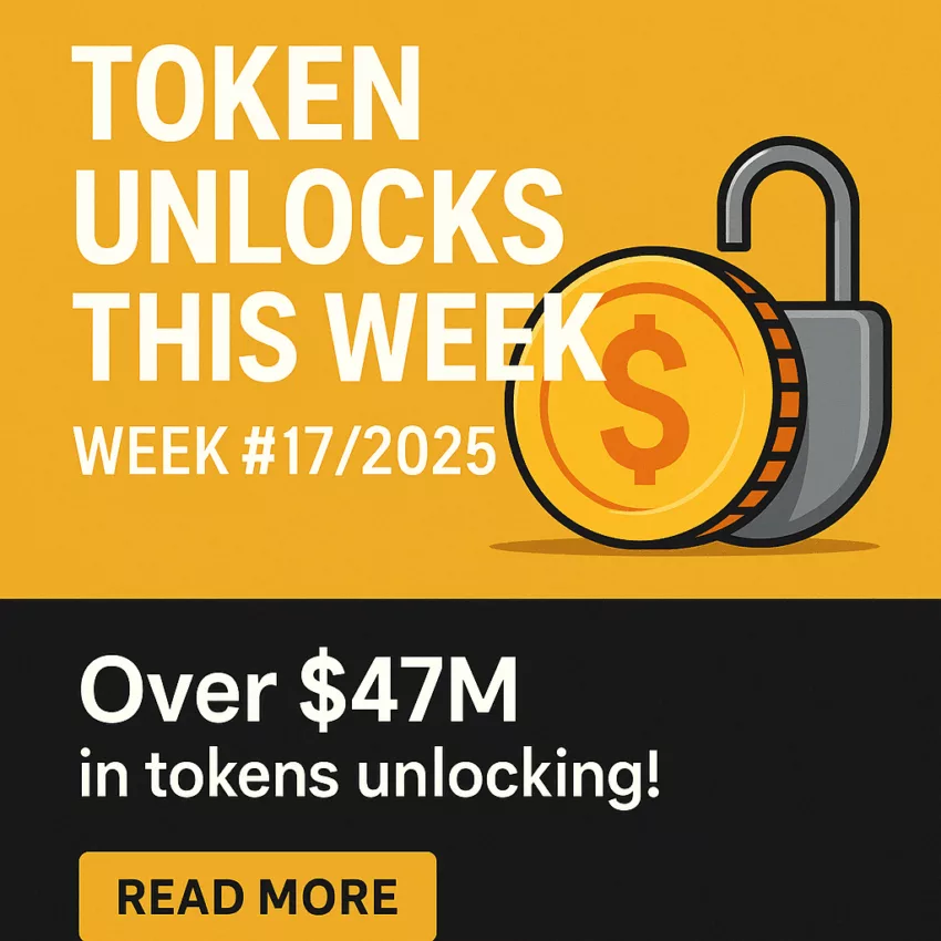Digital image showing $47M in token unlocks for Week #17/2025 with a coin and padlock graphic
