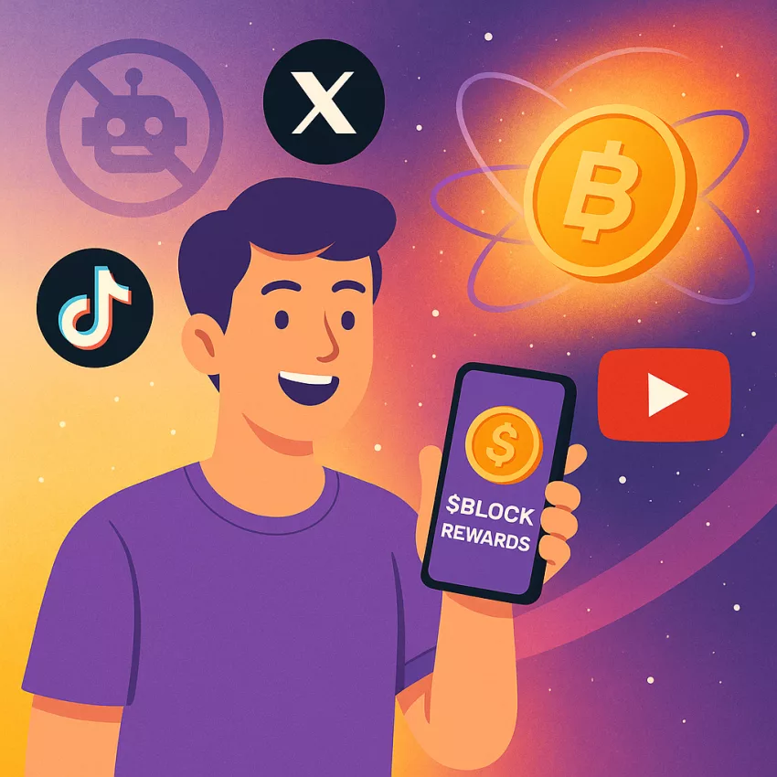 Crypto creator holding phone with $BLOCK rewards while social platforms orbit around them